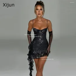 Party Dresses Xijun Shiny Black Prom Split Mini Sexy Sparkly Cocktail Dress Club Formal A-Line Evening Gowns SlitSpaghetti Strap