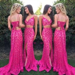 2024 Newest Fuchsia Lace Bridesmaid Dresses Two Piece Mermaid Side Slit Spaghetti Straps Maid of Honor Gown Beach Wedding Party Wear