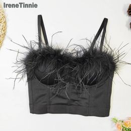 Women's Tanks IRENE TINNIE 2024 Lady Sexy Clothes Feather Corset Fashion Strap Plush Backless Slim Sheer Underwear Mesh Vest Tank Top
