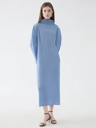 Casual Dresses Miyake Fold 2024 Spring High-neck Folding Sleeve Solid Colour Dress Mid-length Simple Loose Pleated A-line Skirt