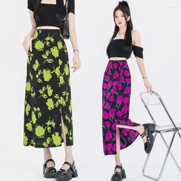 Skirts Chiffon Wrapped Skirt Print Side Split Straight High Waist Long For Women Summer Floral Faldas Largas Fashion Dropship