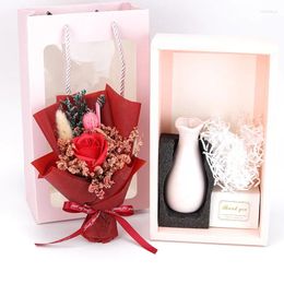 Decorative Flowers Artificial Soap Flower Rose Bouquet With Vase Gift Bags Valentine Mother's Day Birthday Wedding Home Decor Flores