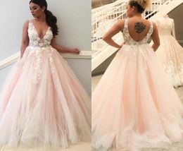 Blush Pink 3DFloral Appliques Wedding Dresses Lace A Line V Neck Open Back Sheer Straps Bridal Gowns Petals Long Summer Garden We9454940