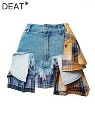 Skirts Fashion Women's Denim Skirt Coloured Plaid Patchwork Irregular Deconstructed A-line High Waist Mini Summer 2024