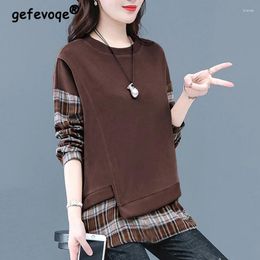 Women's Hoodies Women Trendy Retro Casual Streetwear Plaid Patchwork Asymmetrical Sweatshirts Y2K Female O Neck Long Sleeve Loose Pullover