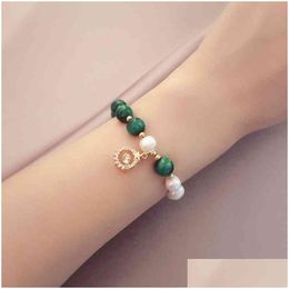 Beaded Bracelet Bangle Designer Crystal Round Pendant Natrual Freshwater Pearls Green/Rose Red Tigers Eye Bracelets For Women Fashion Dhrmh