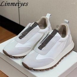 Casual Shoes Run Women Slip On String Bead Round Toe Flat Female Cow Suede Patchwork Sneakers Autumn Sport Woman