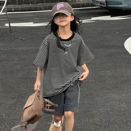 Clothing Sets Girls' Short-sleeved T-shirt Summer Dress 2024 Children's Loose Half-sleeved Shirt Striped Korean Version Of Wear