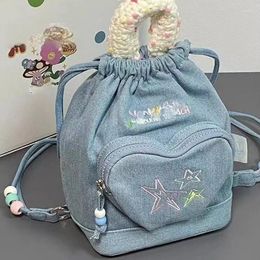 Backpack 2024 Spring Zipper School Bags For Women Sweet Vintage Blue Denim Backpacks Y2k Fashion Ruched Drawstring Bookbag