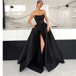 Party Dresses Sexy Black Satin Long Prom 2024 High Split With Pockets Elegant Burgundy Arabic Women Formal Dress Evening Gowns