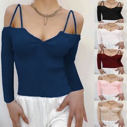 2024 New Spring v-Neck Solidar Long Sleeved Sexy Open Back Knitted Top이 여성 마모를위한 현탁 스트랩