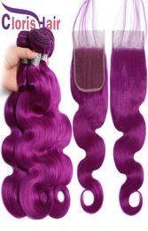 Raw Virgin Indian Body Wave Coloured Weaves 3 Bundles With Lace Closure Natural Hairline Purple Human Hair Wavy Extensions And Top 5726736