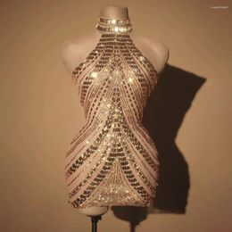 Stage Wear Sparkly Rhinestones Short Dress For Women Sexy Mesh See Through Party Celebrate Birthday Pography Costume