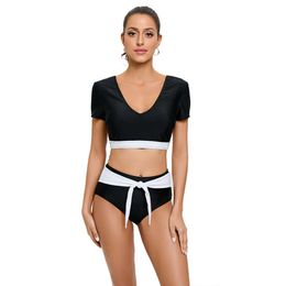 High Waisted Bikini Split Two-piece Women, Short Sleeved Colour Blocking Swimsuit for Slimming Effect F41746