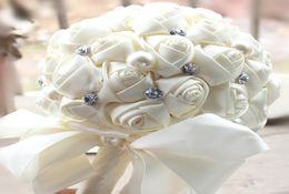 2017 Cheap Cream Bridal Wedding Bouquets Pearls Rhinestone Artificial Bridal Bouquets Beads Satin Rose Bridesmaid Flowers8306717