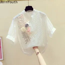 Women's Blouses 2024 Shirts For Women Summer Short Sleeve V-neck White Beading Embroidery Korean Tops Casual Chic Vintage Blouse