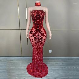 Stage Wear Full Rhinestones Evening Dresses Women Red Mirrors Pearls Dress Singer Party Celebrate Costume Festival Outfit