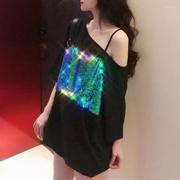 Women's T Shirts Summer Skew Collar Fashion Short Sleeve T-Shirts Women High Street Casual Loose Tshirt Hollow Shoulder Sequin Patchwork Tee