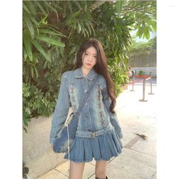 Casual Dresses Vintage Denim Pleated Dress For Women Lapel Collar Long Sleeve Outfit Jean Vestidos Female Spring Summer Fashion Commute