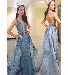 Light Sky Blue Overskirt Mermaid Dresses Evening Wear Plunging Neck Lace Applique Backless Formal Dress Sweep Train Tulle Long Pro9598946