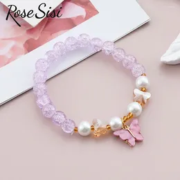 Charm Bracelets Rose Sisi Japanese And Korean Style Fresh Butterfly Pendant Girl Bead Bracelet For Women Elastic Jewellery Gift