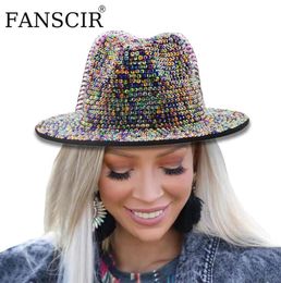 Berets Wide Brim Fedora Hat For Women Designer Luxury Full Diamond Bling Rhinestone Felt Jazz Top Hats Wedding Ceremony Elegant Ca9913555