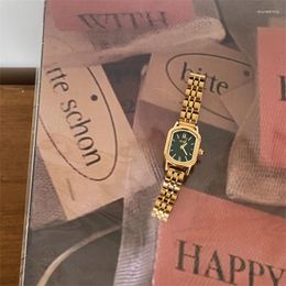 Wristwatches Vintage Gold Green Women Watch Elegant Stainless Steel Hand Clock Female Waterproof Rectangle Quartz Wristwatch Ladies Gift