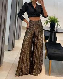 Women's Pants 2024 Elegant Shinny Sequin Long Women Fashion High Waist Draped Loose Trousers Spring Autumn Casual Wide Legger Solid Pant