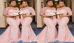 Blush Pink African Nigerian Mermaid Bridesmaid Dresses with Sleeve 2019 Sheer Lace Neck Plus Size Maid of Honor Wedding Guest Gown9672237