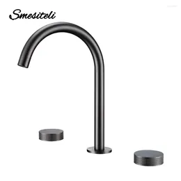 Bathroom Sink Faucets 3 Pcs Gumetal Basin Faucet And Cold Widespread Tap 360° Rotation Spout Double Knurled Knobs Deck Mounted Mixer
