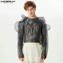 Men's T Shirts INCERUN Men Shirt Mesh Transparent Ruffle Solid Colour Sexy Clothing Streetwear 2024 O-neck Long Sleeve Fashion Camisetas