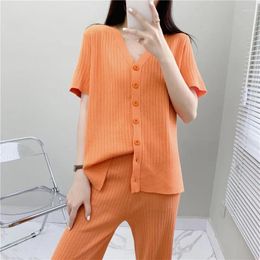 Women's Two Piece Pants V Neck Single-breasted Loose Grunge Top Suit High Waist Wide Leg Age Reducing Pant Knit Outfits Autumn Set Women 2