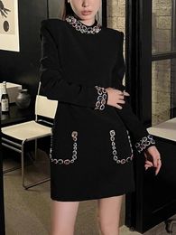 Casual Dresses Retro Colourful Crystals Round Neck Dress Women 2024 Autumn Court Style Half Turtleneck Elegant Socialite Black