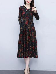Casual Dresses Women Long Sleeve 2024 Clothing Floral Autumn Winter Dress Elegant Vintage Fashion Bodycon Midi Party Evening For