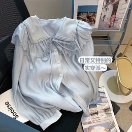 Women's Blouses Doll Collar Shirt Blusa Feminina Lace Up Blue Chiffon Shirts For Women Fashion Mujer De Moda Pleated Tops Camisas