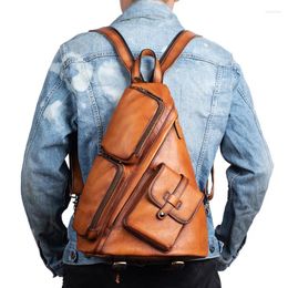 Backpack Fashion Men's Leather Single Shoulder Real Cowskin Chest Bag Crossbody Backpacks For Man Male Anti Theft Men