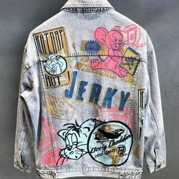 Spring and Autumn Scraped Denim Jacket for Men Youth Graffiti Printed Jacket Trend Casual Coat for Men