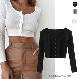 Women's T Shirts American-Style Cute Young Adult Low Collar Single-Breasted Cardigan Retro Slim-Fit High Waist Figure Flattering Short Long