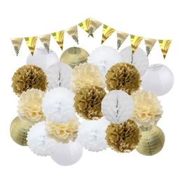 22pcs/Set Baby Boy Girl Baptism Decoration Gold Silver Round Paper Lantern Kids Birthday Party Favour Pink Beige Paper Pompoms 240410