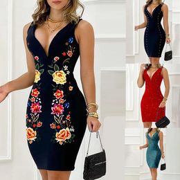 Casual Dresses Sexy Lady Deep V Neck Bodycon Summer Backless Sleeveless Women Fashion Print Slim Short Party Dress 2024Vestidos