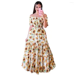 Casual Dresses Party Dress Elegant Floral Print Off Shoulder Evening Gown With Pleated A-line Design Backless Detail For Summer Parties