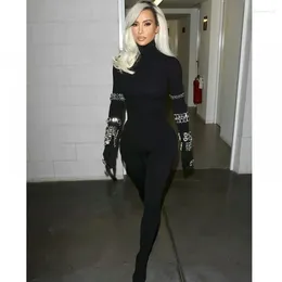 Women's Two Piece Pants Sexy Rhinestone Sleeve Turtleneck Tight Black Bandage Jumpsuit Fashion Casual Party Costumes