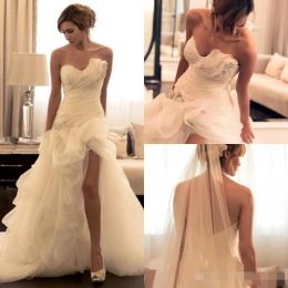 2024 Vintage A Line Wedding Dresses Sexy Front Side Slit Ruffles Sweep Train Tulle Sweetheart Crystal Beaded Wedding Gown Custom Made