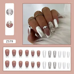 False Nails 24pcs Detachable Full Cover Press On Fake Long French Silver Giltter Ballerina