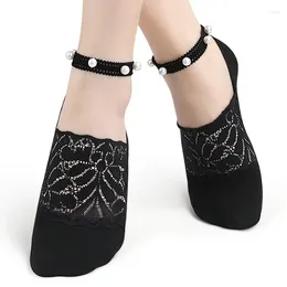 Women Socks 1 Pairs Pearl Lace Breathable Ballerina Non Slip Transparent Low Under 25 Large