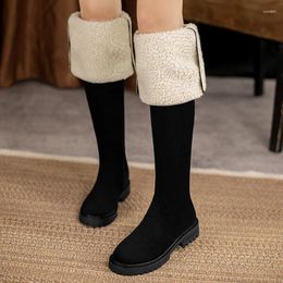 Boots YQBTDL 2024 Winter Slim Flock Knee-length Warm Lamb Wool Ladies Two Wear Style Platform Flat Heels Women Long Botas Shoes