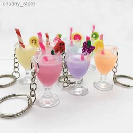 Keychains Lanyards Fashion Creative resin cup keychain fruit drink cup keychain pendant simulation juice cup car fo bags key ring ornament gift Y240417