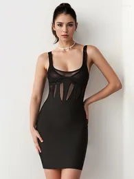 Casual Dresses Sexy Sleeveless Mesh Patchwork Bandage Dress Women Black V Neck Mini Bodycon Cocktail Evening Party Club Outfits