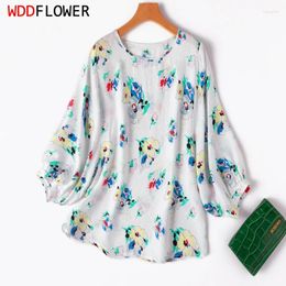 Women's Blouses Women Silk Blouse Mulberry White Floral Printed Loose Type Lantern Sleeve Shirt Top L XL M1109