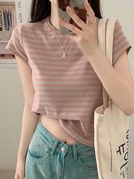 Women's T Shirts Shirt Women Striped Short Sleeve Top Casual Fashion Cotton Pink Korean Tee Femme 2024 Summer Clothing Tshirt